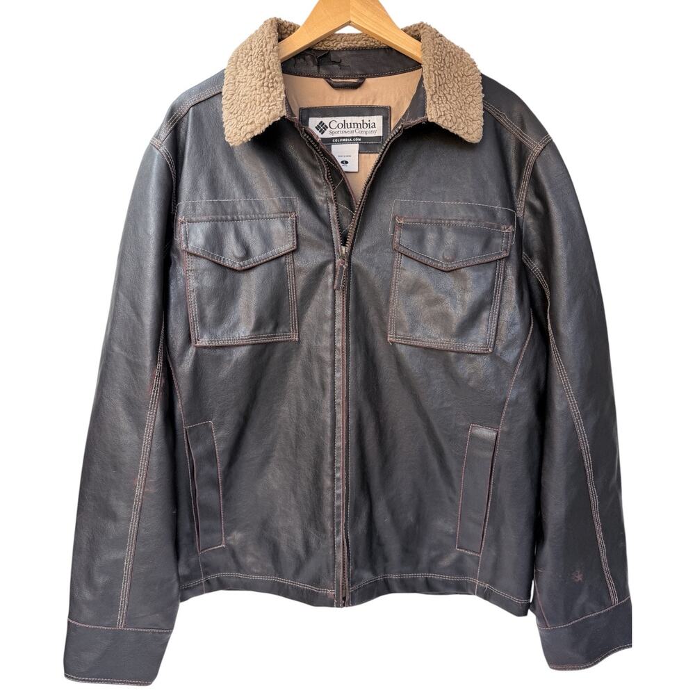 Columbia Leather Jacket Mens Large Brown Sherpa Lined Full Zip Coat